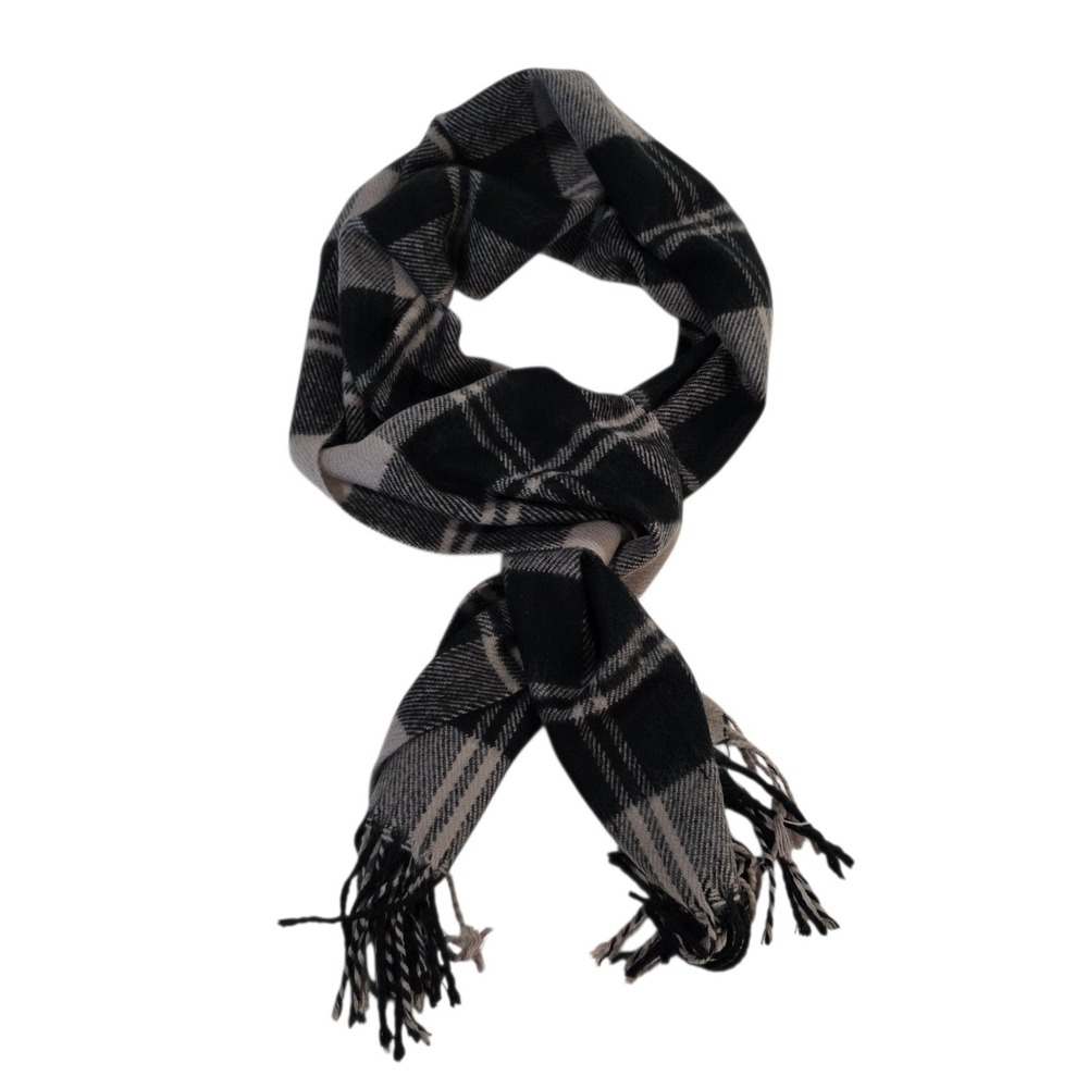 Firenze Plaid Scarf Cashmere Feel 100% Acrylic Black Gray Fringe Preppy Staple